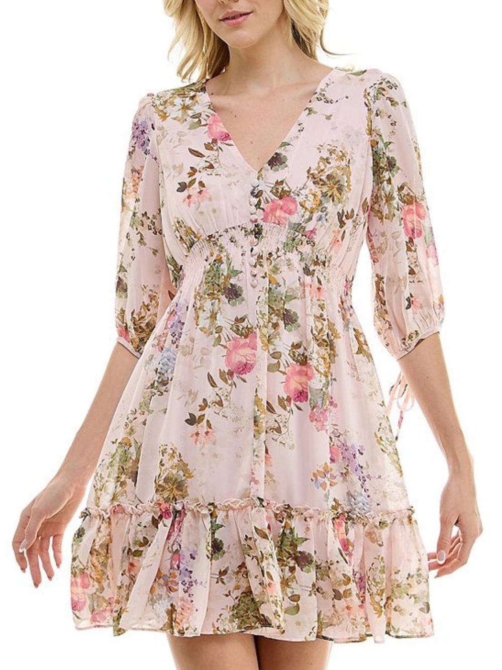 Taylor Fit & Flare Mini Dress Floral Smocked V-Neck Blush Pink 6